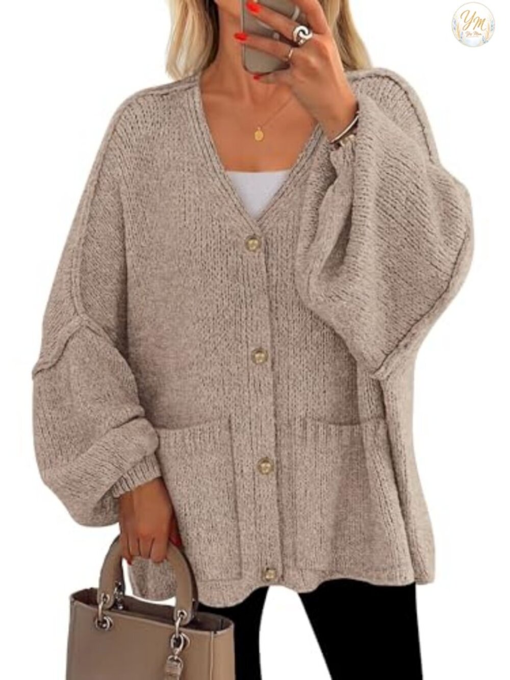 Oversized Chunky Knit Cardigan Sweater Women V-Neck Long Sleeve Lantern Sleeve